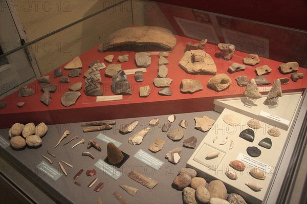 Pottery and tool display of neolithic finds, National Museum of Archaeology, Valletta, Malta, Europe