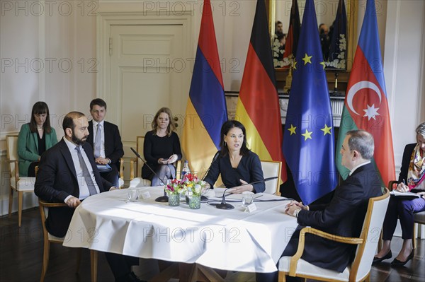 Trilateral meeting at Villa Borsig between Germany, Armenia and Azerbaijan. Annalena Bärbock (Alliance 90/The Greens), Federal Minister for Foreign Affairs, meets the Foreign Minister of the Republic of Azerbaijan, Jeyhun Bayramov (R), and the Foreign Minister of the Republic of Armenia, Ararat Mirzoyan (L), at the Federal Foreign Office Guest House on Lake Tegel. Berlin, 28.02.2024. Photographed on behalf of the Federal Foreign Office