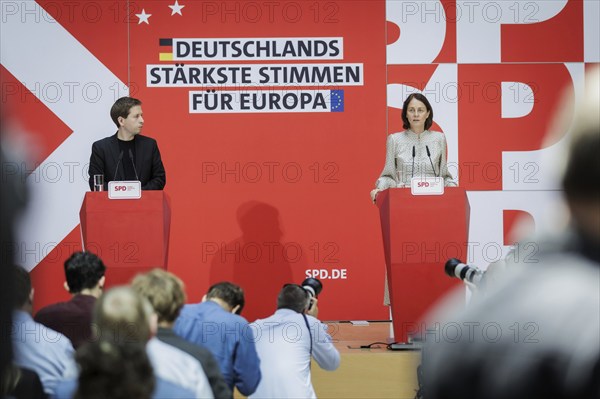 Kevin Kuehnert, SPD Secretary-General, and Katarina Barley, SPD lead candidate for the 2024 European elections, at a press conference following the SPD Presidium meeting after the European elections at the Willy Brandt House in Berlin, 10 June 2024