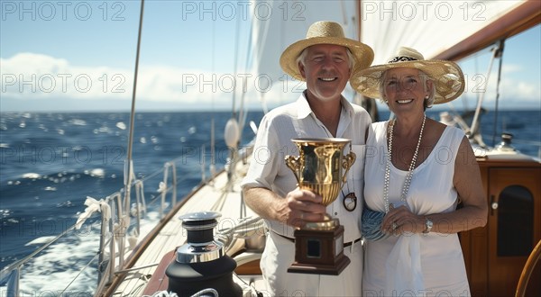 Happy sailing couple holding their trophy on the deck of their sailing boat. generative AI, AI generated