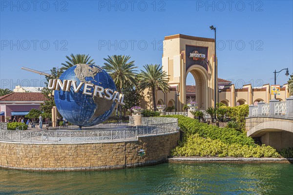 Famous rotating world globe at Universal's City Walk near entrance to the Universal Studios theme park in Orlando, Florida, USA, North America