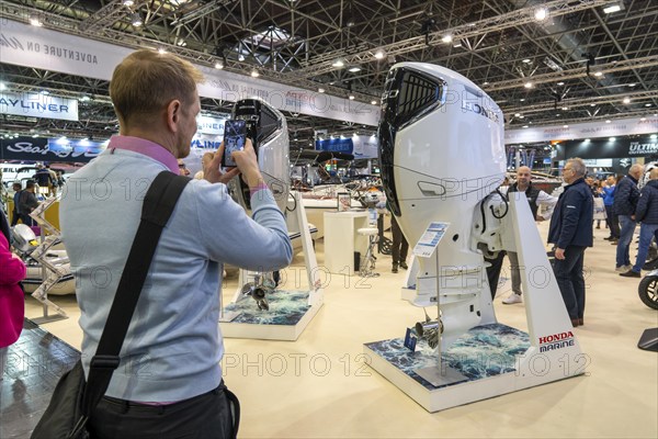 Small motorboats, inflatable boats, boat drives, outboard motors, at BOOT 2024, the world's largest yacht and water sports trade fair in Düsseldorf, North Rhine-Westphalia, Germany, Europe