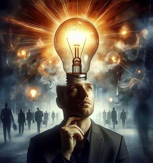 A man with a light bulb in his head who sees a light, Symbolic image thoughts, idea, flash of inspiration, problem solving, intelligence, AI generated, AI generated