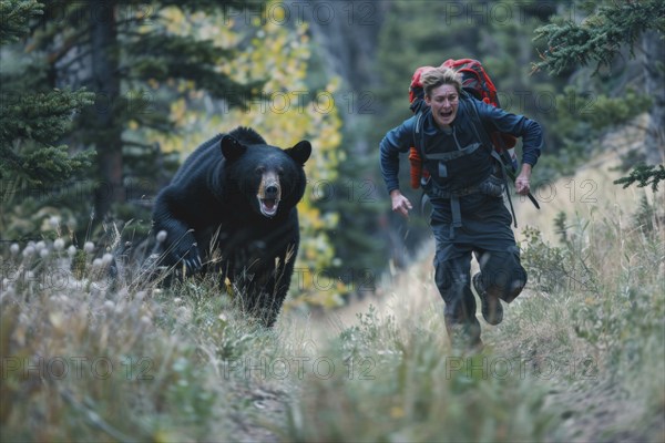 Life-threatening situation. A hiker flees in panic and fear from a full-grown black bear in the forest, AI generated, AI generated, AI generated