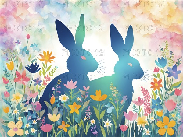 Abstract illustration of a bunny silhouette filled with a collage of spring flowers and vivid pastel colors, set against a soft background, AI generated