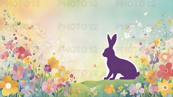 Abstract illustration of a bunny silhouette filled with a collage of spring flowers and vivid pastel colors, set against a soft background, AI generated