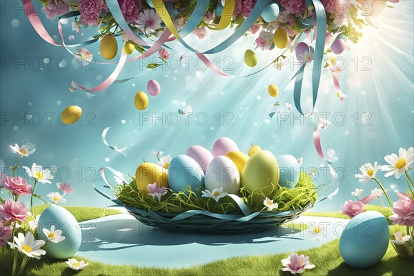 Surreal Easter scene with floating eggs, ribbons, and flowers in a dreamlike, whimsical composition of light and shadow, AI generated