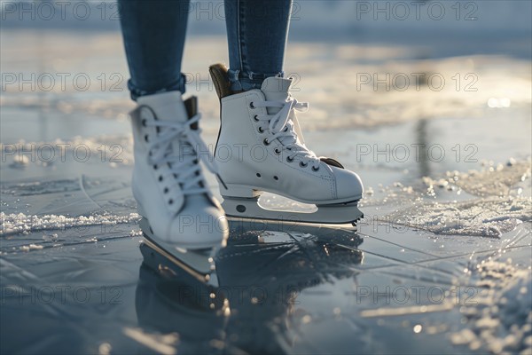 Close up of woman's feet in white ice skating shoes on frozen lake. Generative AI, AI generated