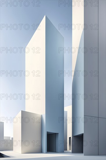 Minimalist architectural composition of modern buildings, with clean angles, rendered in geometric forms and soft hues of grey, cream, and light blue, AI generated