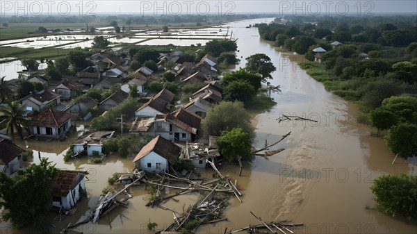 Aerial view showcases the extensive demolition within a village in massive water flood, AI generated