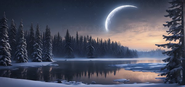 Tranquil winter night scene with a crescent moon and stars shining brightly over a frozen lake, with a line of snow-covered pine trees reflected in the lake, AI generated