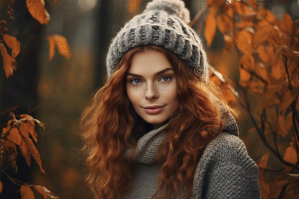 Portrait of beuatiful woman with long red hair and knitted hat in autumn forest. KI generiert, generiert, AI generated