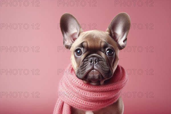 French Bulldog dog with knitted scarf on pink background. KI generiert, generiert, AI generated