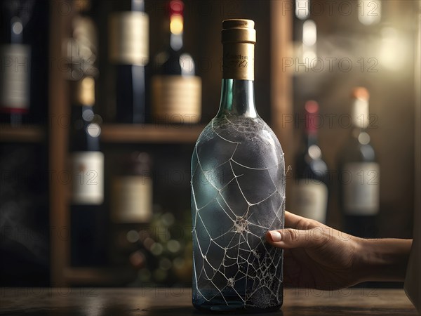 AI generated sommelier gripping a dust covered wine bottle with antiquated label