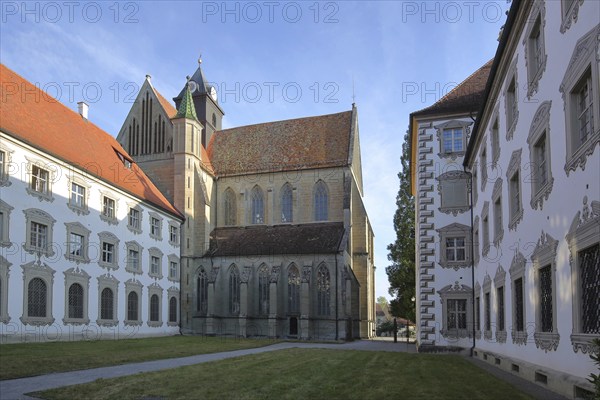 Inner courtyard with baroque illusion architecture, illusion painting, and gothic cathedral, monastery church, row, series, windows, decorations, monastery, castle, Salem, Lake Constance area, Baden-Württemberg, Germany, Europe