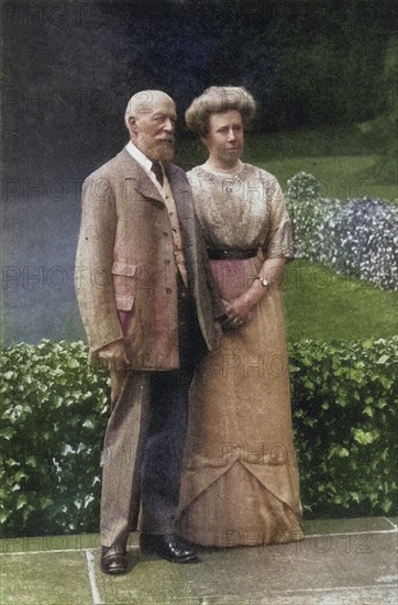 George Cadbury (1839-1922) with his woman Elizabeth in 1913 on the occasion of their silver wedding anniversary, English Quaker, industrialist and social reformer who took over his father's chocolate business in 1861 together with his brother Richard. In 1866, they were the first in the United Kingdom to sell cocoa as a drink. In 1879, the company moved to Bournville, Birmingham, From the Life of George Cadbury by AG Gardiner (London, 1923), Historical, digitally restored reproduction from an original on