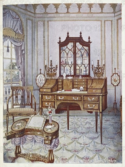 Furniture around the turn of the century 1900, Inlaid mahogany cylinder-fall china and book case, D-shaped satinwood drawing and writing table (1910, 1911) .jpg