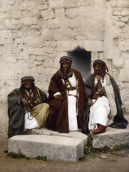 Bedouins in front of a house, Lebanon, Historical, digitally restored reproduction from a 19th century original, Record date not stated, Asia