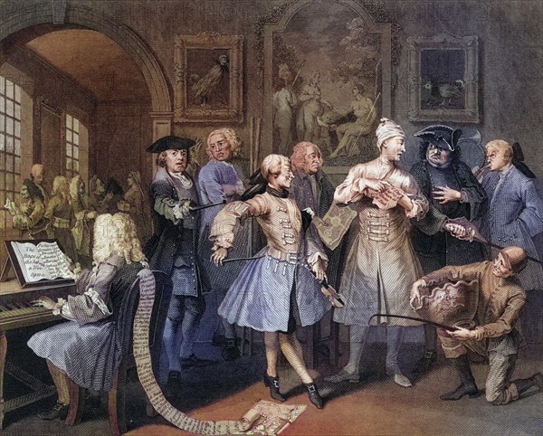 The Rakes Progress Surrounded by artists and professors From the original picture by Hogarth from The Works of Hogarth published London 1833, Historisch, digital restaurierte Reproduktion von einer Vorlage aus dem 19. Jahrhundert, Record date not stated