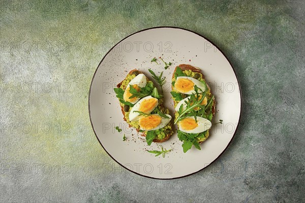 Sandwich with mashed avocado, boiled egg, and arugula, on bread, homemade, breakfast