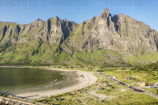 Aerial view of campsite at beach Ersfjordstranden, fjord Ersfjord, golden restroom, Senja island, Troms, northern Norway, Norway, Europe