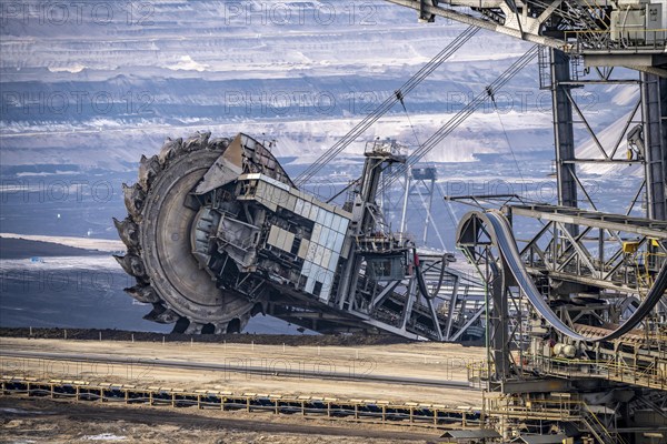 Lignite opencast mine Garzweiler, bucket wheel excavator mining overburden, coal, near Jüchen, North Rhine-Westphalia, Germany, Europe