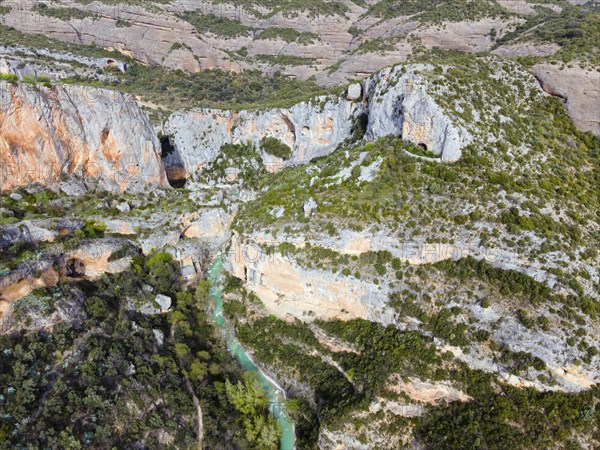 An impressive gorge with a river and steep cliffs surrounded by green vegetation, aerial view, Vero River, Alquézar, Alquezar, Huesca, Aragón, Aragon, Pyrenees, Spain, Europe