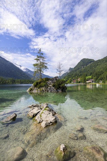 Hintersee near Ramsau with clear green water, surrounded by forests and mountains under a cloudy sky, Berchtesgaden National Park, Berchtesgadener Land, Upper Bavaria, Bavaria, Germany, Europe