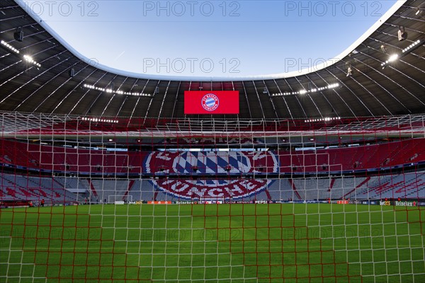 Stadium interior, pitch, scoreboard, FC Bayern Munich FCB logo, empty, goal net, Champions League, Allianz Arena, Munich, Bavaria, Germany, Europe