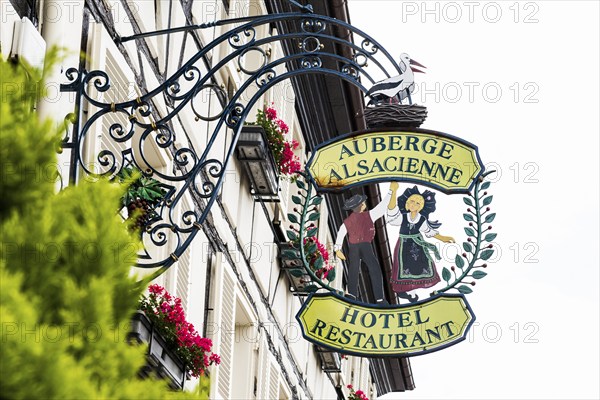 Restaurant sign, Eguisheim, Plus beaux villages de France, Haut-Rhin, Alsace, Alsace, France, Europe