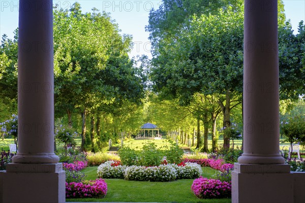 Spa hotel, fountain temple, spa gardens, Bad Bocklet, Biedermeier spa, Rhön, Lower Franconia, Bavaria, Germany, Europe