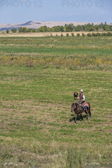 Traditional Kyrgyz eagle hunter, near Kysyl-Suu, Kyrgyzstan, Asia