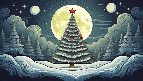 Illustration of a Christmas tree in a snowy landscape on a starry night with a full moon, AI-generated image, AI generated