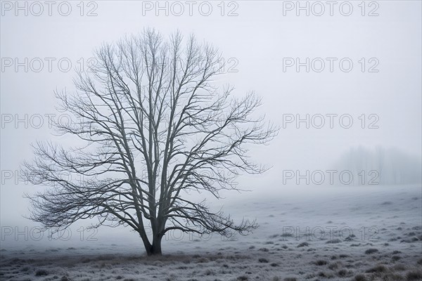 Bare tree covered in frost, isolated against a foggy, white winter landscape, AI generated