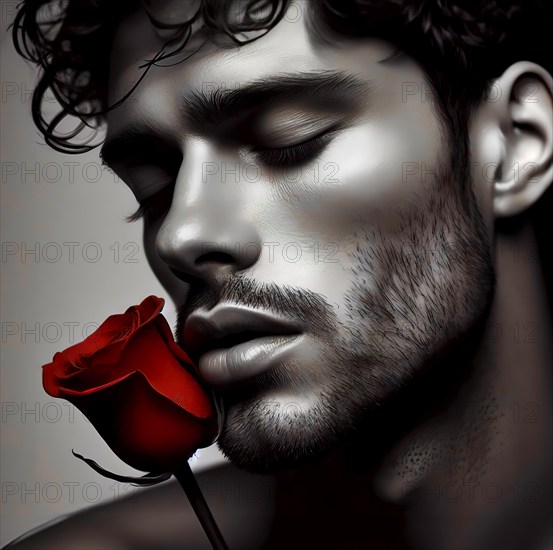 A young man, dreamy, with a red rose, symbolic image romantic, romance, dreaming, love, in love, feeling, AI generated