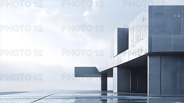 Minimalistic grey colored architecture in geometric adorned structures against a surreal backdrop, AI generated