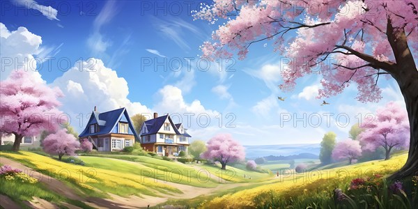 AI generated illustration of colorful countryside houses nestled in a spring or summer scenery with blooming flowers