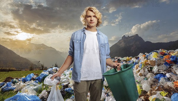 Symbolism, rubbish, young man standing with rubbish in front of a rubbish dump, AI-generated, AI generated