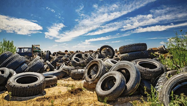 Symbolism, large junkyard with old car tyres, AI-generated, AI-generated, AI generated