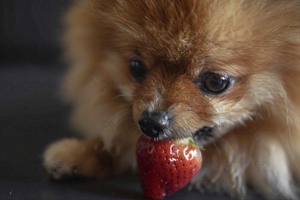 Close up of small Pomeranian dog eating raw strawberry. Generative Ai, AI generated