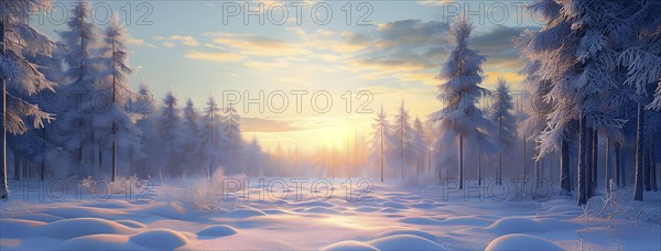 Peaceful snowy forest clearing at dawn with snow softly blanketing the ground and frost-covered pine trees, AI generated