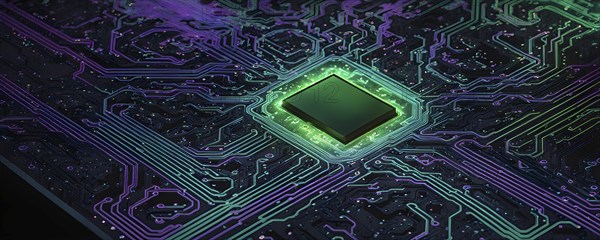 Birds eye view of a circuit board in vivid colored paths and connections, AI generated