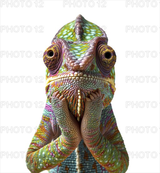 Beautiful contemplative chamaeleon with his hands on his chin isolated on a white background, AI generated