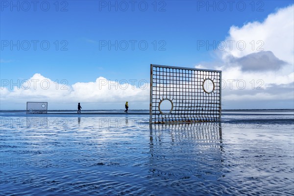 Football pitch, football field, Tor tor, on the beach, tidal creek, in the west of Borkum, island, East Frisia, winter, season, autumn, Lower Saxony, Germany, Europe