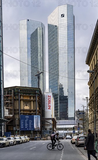 Construction site of the Central Business Tower on Neue Mainzer Strasse in Frankfurt am Main, will be 205 metres high with 52 floors, office building, behind the towers of Deutsche Bank in Westend, Hesse, Germany, Europe