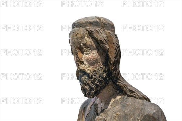 Detail of Christ, Palmesel, wooden figure c. 1350, on a white background, Diözesan Museum, Rottenburg, Baden-Württemberg, Germany, Europe