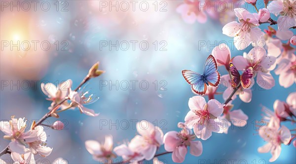 A blue and white background with pink flowers. Cherry blossom and Sakura concept, AI generated