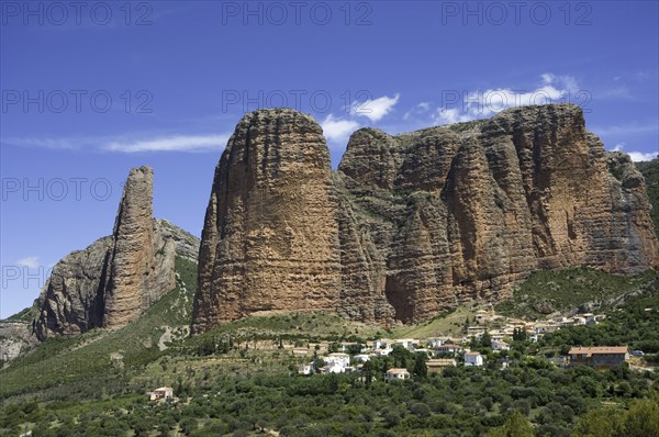 The Mallos de Riglos, set of conglomerate rock formations in Hoya de Huesca comarca, Aragon, Spain, Europe