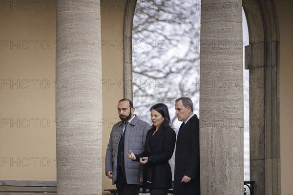 Trilateral meeting at Villa Borsig between Germany, Armenia and Azerbaijan. Annalena Bärbock (Alliance 90/The Greens), Federal Foreign Minister, meets the Foreign Minister of the Republic of Azerbaijan, Jeyhun Bayramov, and the Foreign Minister of the Republic of Armenia, Ararat Mirzoyan, at the Federal Foreign Office Guest House on Lake Tegel. Berlin, 28.02.2024. Photographed on behalf of the Federal Foreign Office