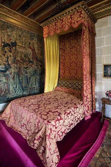 Historic bedroom, Chenonceau Castle, Château de Chenonceau, Department Indre-et-Loire, Centre-Val de Loire region, France, Europe